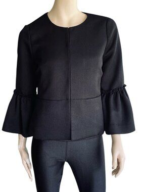Isaac Mizrahi Waffle Knit Bell Sleeve Jacket Eye-Hook Black Blazer Medium